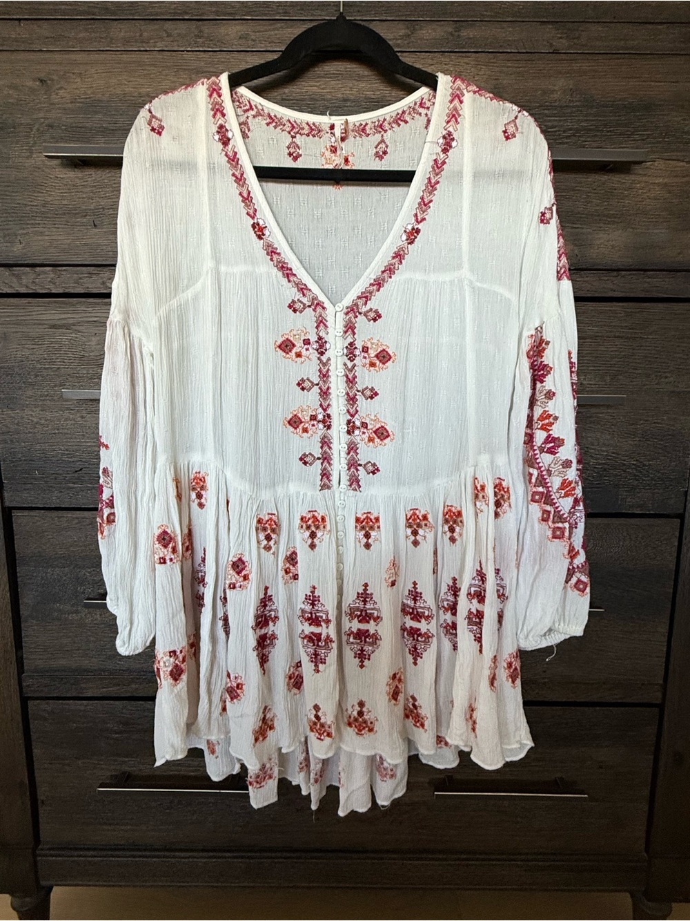 Free People - Boho Embroidered V-Neck Women’s Top in White with Red Accents